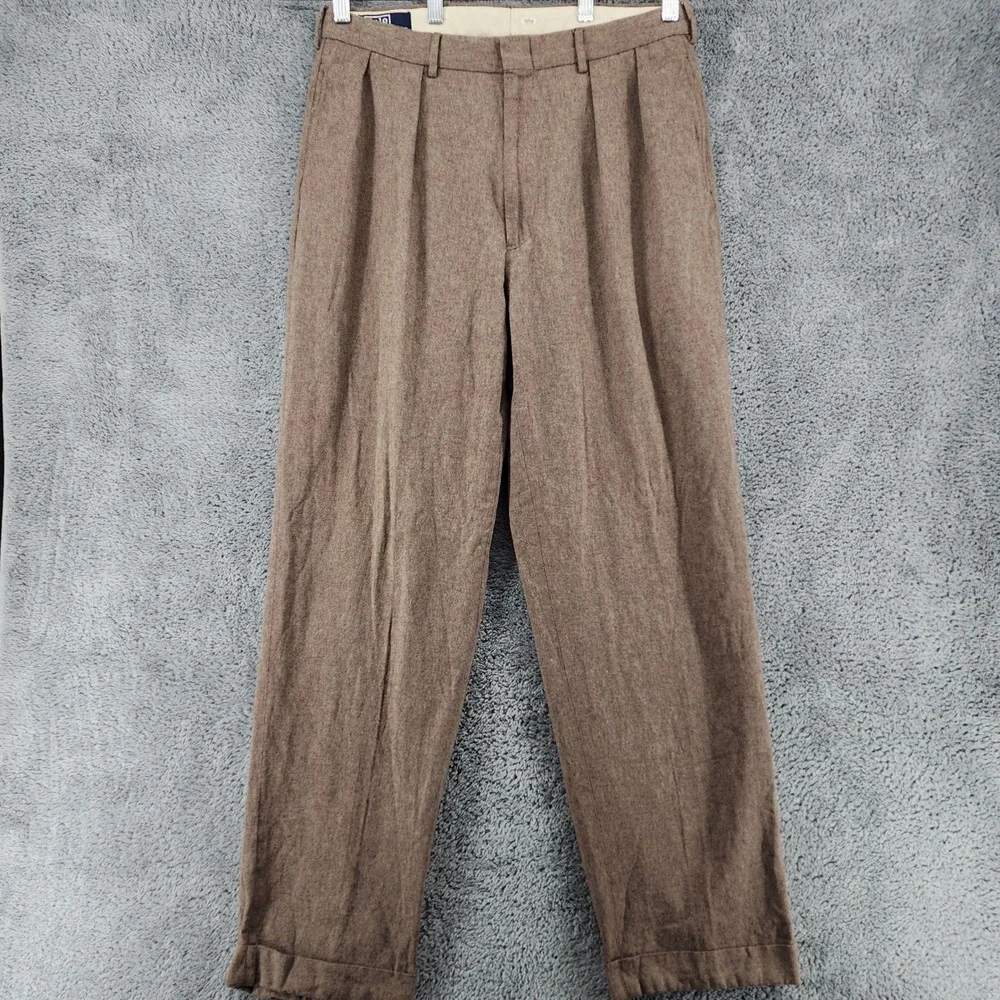 Polo Ralph Lauren Pants Men 34x32 Brown Micro Herringbone Pleated Cuffed Vintage